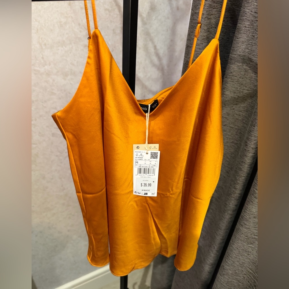 MANGO Satin V-Neck Cami Tank Top - Orange